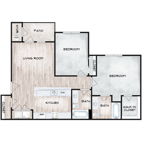 A floor plan of a house with a living room, kitchen, two bedrooms, a bath, and a patio.
